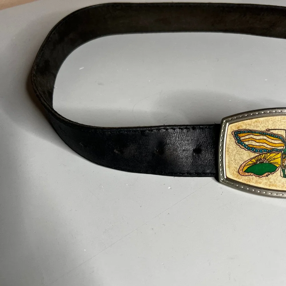 Vintage 7Up Soda Butterfly Bottle Belt Black Leather Retro 70s Advertising 35in